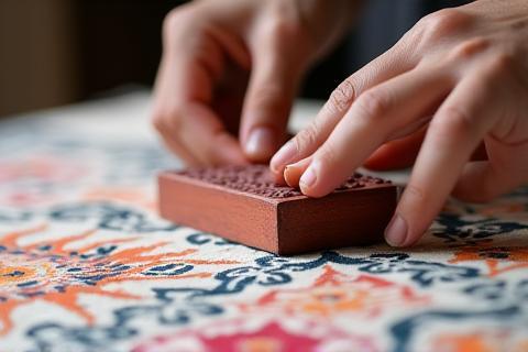 Hands doing block printing on fabric