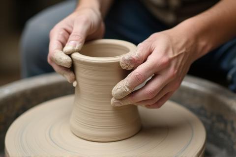Pottery being shaped on a wheel