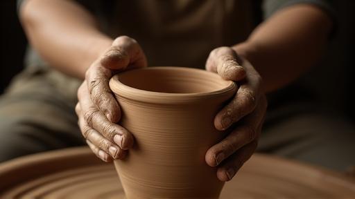 Hands shaping clay on a pottery wheel