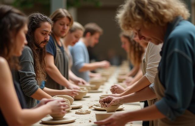 People participating in a pottery workshop